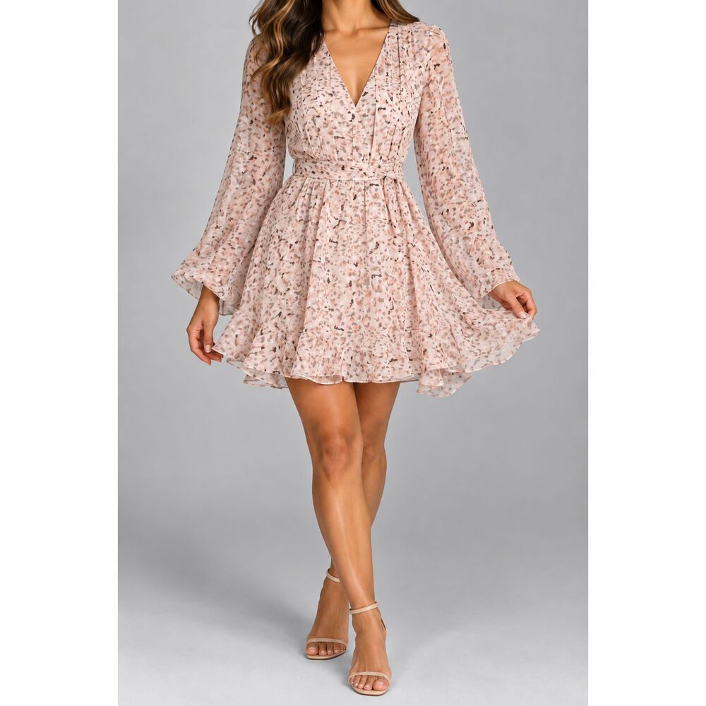 Hello Molly Blush Abstract Print Mini Dress XS US 2 Bell Sleeve Tie Waist